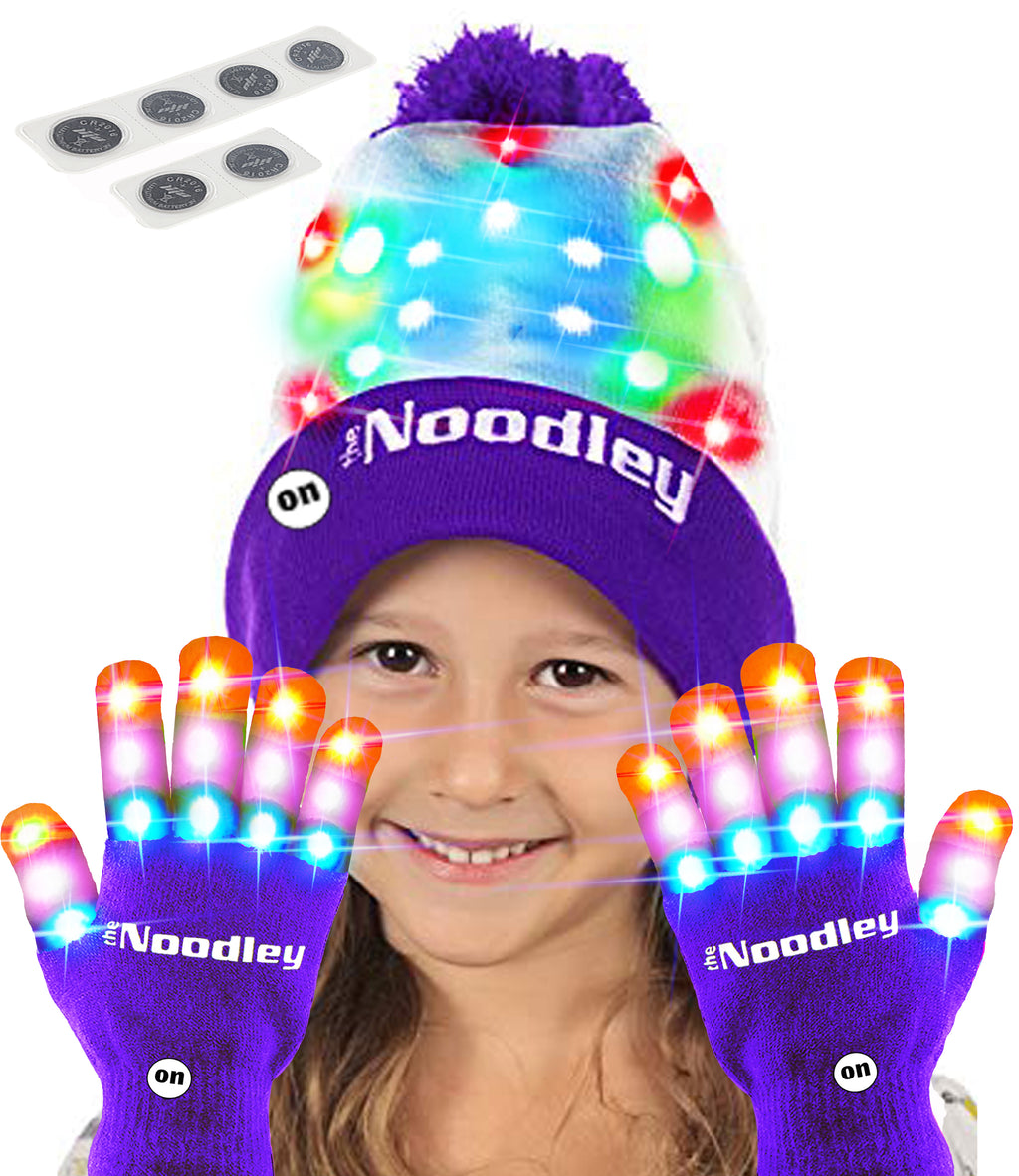Flashing LED Light Gloves and Lighted Beanie Hat Set with Extra Batteries