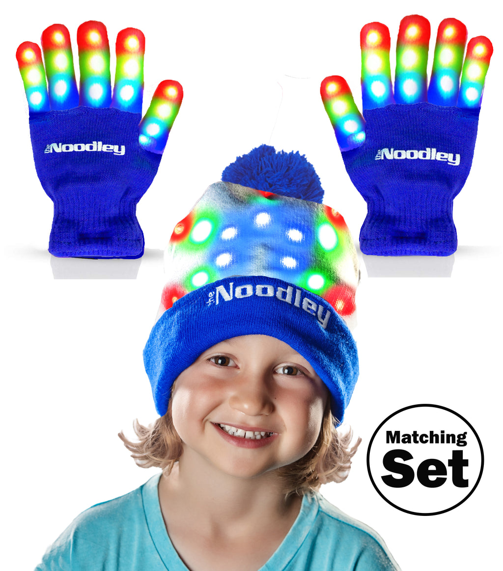 Flashing LED Light Gloves and Lighted Beanie Hat Set with Extra Batteries