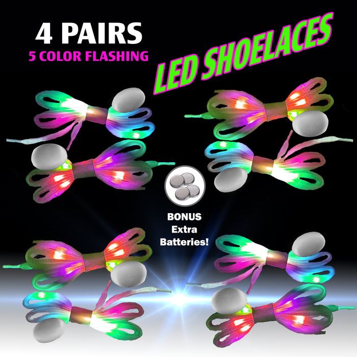 |4 Pairs| 5 Color Flashing LED Light Up Shoe Laces Glow in the Dark White Tie Shoelaces for Sneakers, Skates, 45 inch