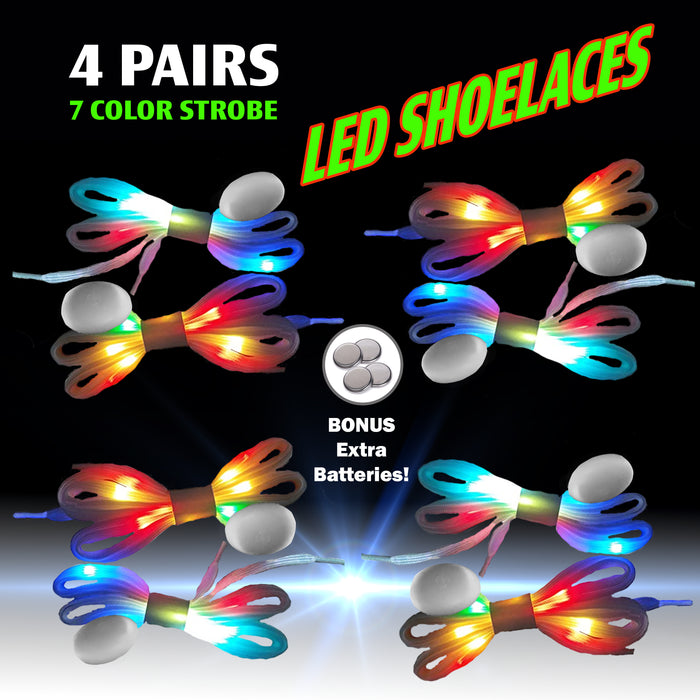 |4 Pairs| 7 Color Strobe LED Light Up Shoe Laces Glow in the Dark White Tie Shoelaces for Sneakers, Skates, 45 inch