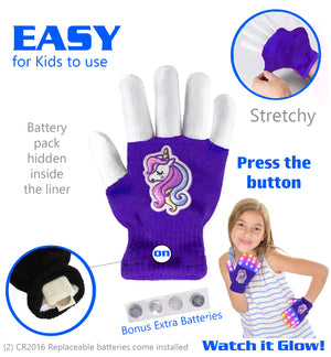 Unicorn LED Light Up Gloves Kid and Teen Sizes Colors for Girls and Boys
